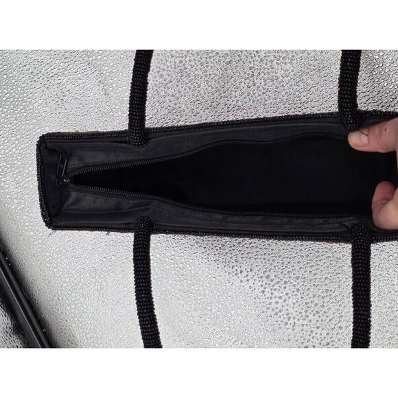 Handmade Black Beaded Floral Pattern Evening Bag With Dual Handles Zipper - Picture 14 of 16